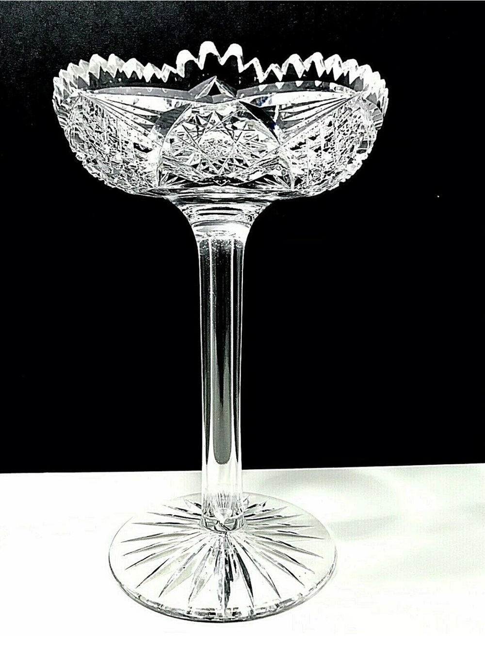American Brilliant Antique Hand Cut Sawtooth Rim Hobstar Pedestal Tall Compote